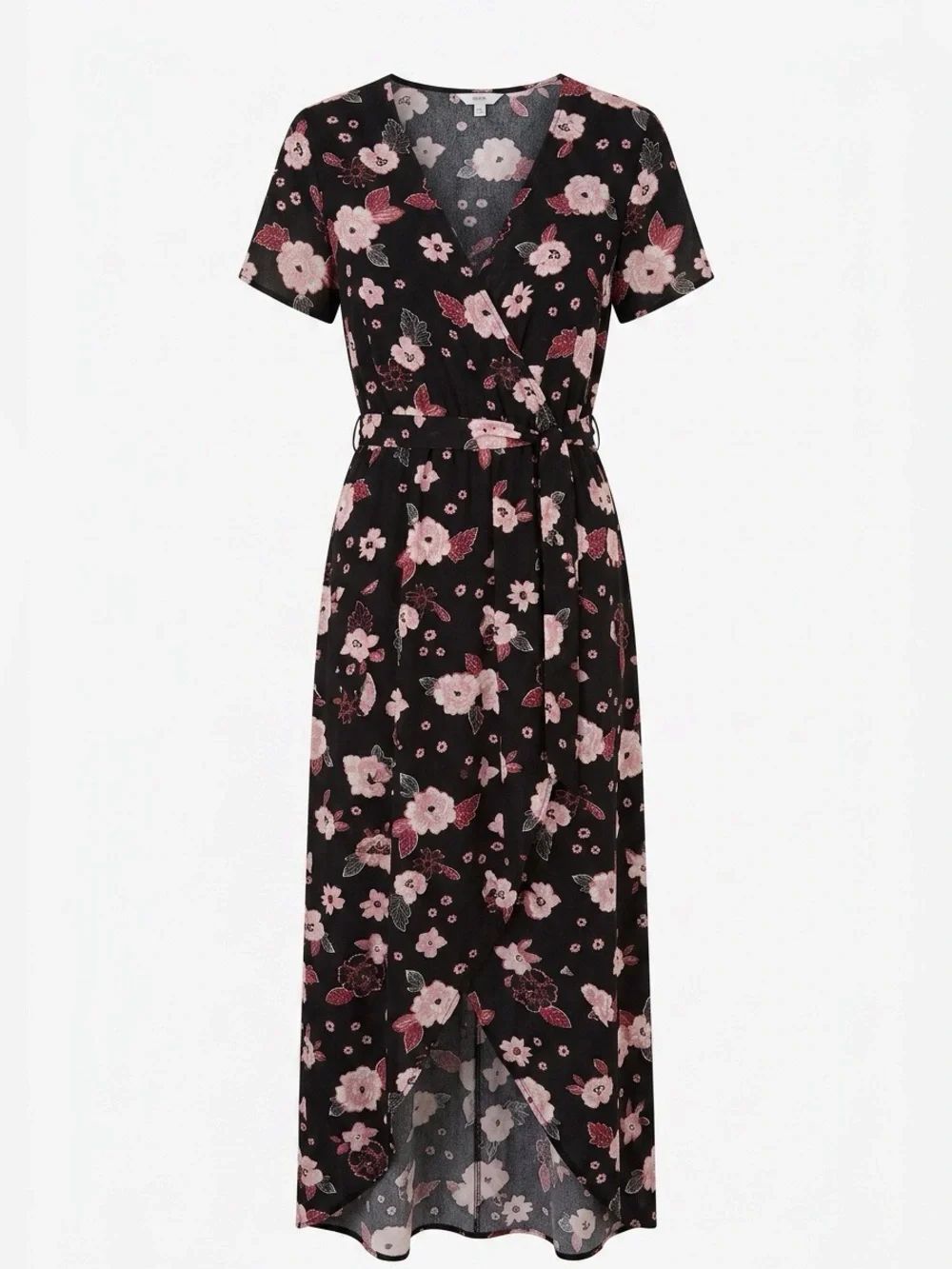 Candie's Black Midi Wrap Dress with Pink Floral Print